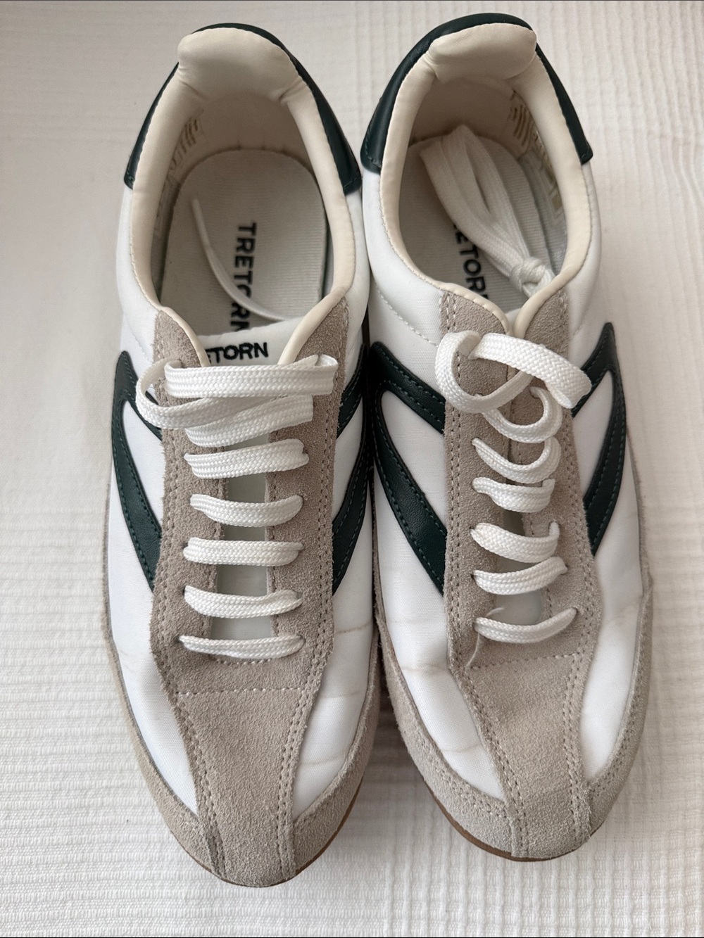 Tretorn White Sneakers with Beige Suede and Dark Green Stripes